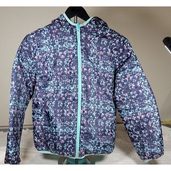 Eddie Bauer Kids Reversible Down Jacket L (14/16) Floral Print Aqua Hooded Puffe - Picture 1 of 8
